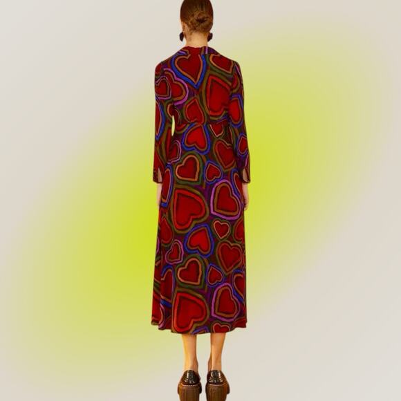 Farm Rio Rainbow Wild Hearts Maxi Dress Womens XS 0 2 Long Sleeve Red - Picture 13 of 16